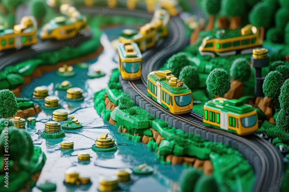 Fototapeta premium Miniature landscape scene with trains and waterways.