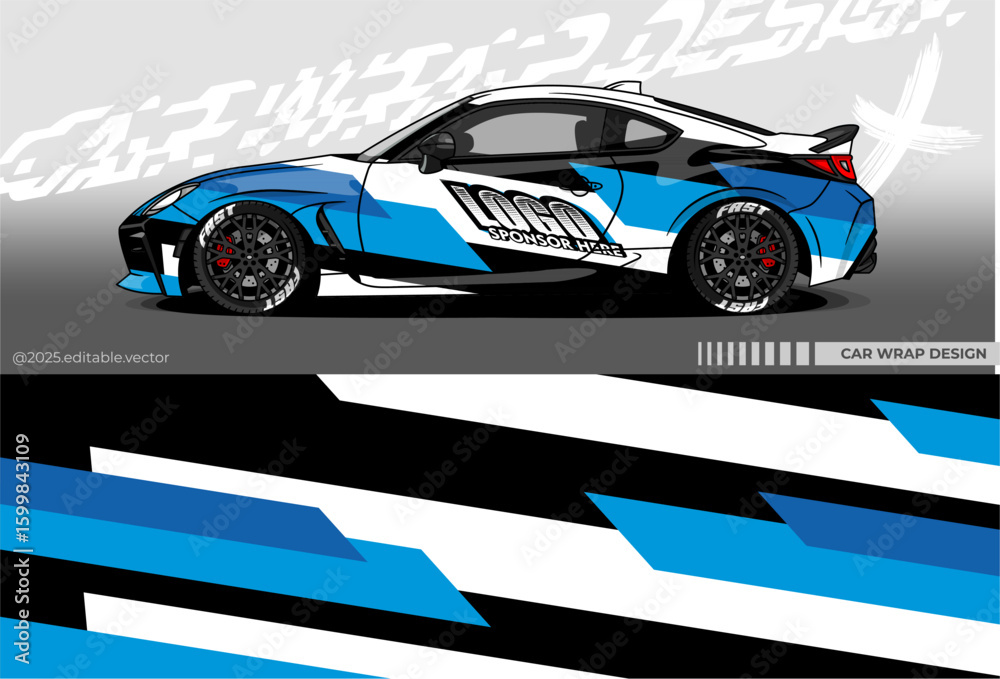 Fototapeta premium Car Wrap Design. Vector car livery sticker in black ,blue and white. Full-body car sticker suitable for racing, rallying, and everyday use.