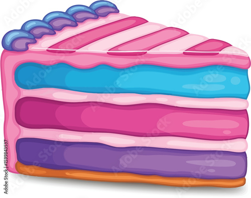 A delightful slice of layered cake with vibrant pink, blue, and purple frosting, topped with a row of charming blue decorations, creating a sweet treat illustration.