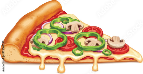 A delectable pizza slice illustration showcases melted cheese, fresh tomato slices, green bell peppers, sliced onions, and savory mushrooms, perfect for food lovers and culinary designs.