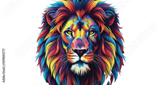 Vibrant lion artwork showcases a colorful mane in shades of blue, red, yellow, and orange, creating a striking and modern animal portrait with artistic flair and bold design.