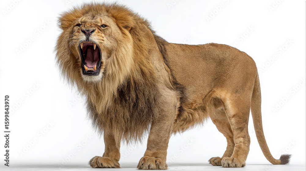 Obraz premium Angry roaring male lion in mid-roar for wildlife photography safari ads action posters predator awareness zoo visuals and strength symbols