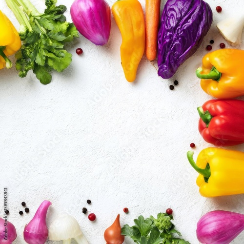 Colorful fresh vegetables arranged beautifully on a white background, perfect for healthy cooking or nutrition themes.