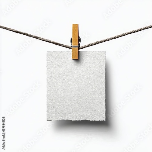 A blank piece of paper hanging on a rope with a wooden clip, ideal for creative or conceptual designs.
