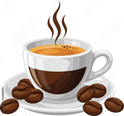 A steaming cup of espresso sits on a saucer accompanied by scattered coffee beans, creating a warm and inviting scene perfect for coffee lovers and cafe designs.