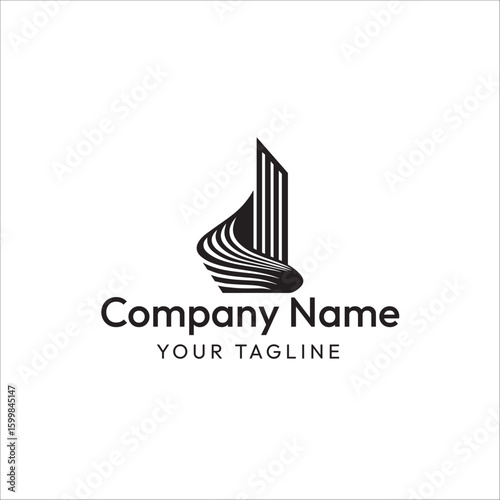 Modern abstract building logo design with vertical lines and curved element, Modern Building Logo, Building Logo, Real Estate Logo.