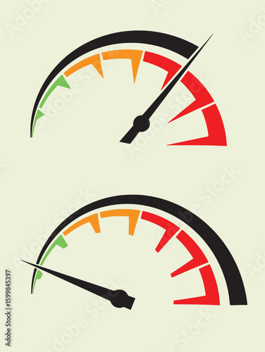 Two stylized gauges or speedometers, one showing a high reading and the other a low reading, against a light background.
