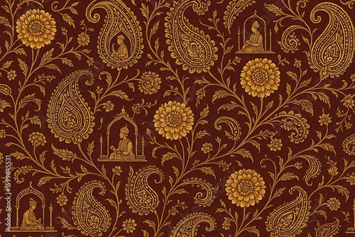 Maroon Mughal Elegance: A Tapestry of Golden Paisley and Tranquil Meditation