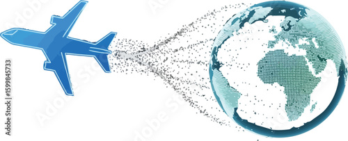 A stylized blue airplane flies toward a digital globe, symbolizing global travel, international business, and worldwide connections in a modern, technological representation.