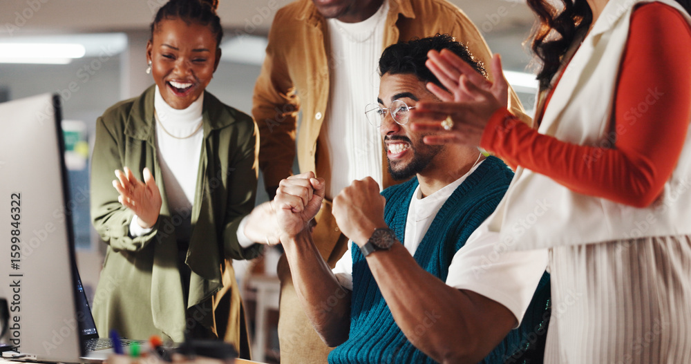 Fototapeta premium Excited business people, computer and applause in promotion, announcement or success in office. Group of employees, clapping and celebration for partnership, prize or workplace funding approval