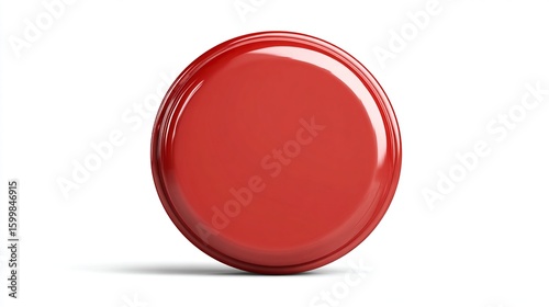 A vibrant red, circular object with a glossy finish and subtly raised edges, shown against a stark white background, casting a small shadow