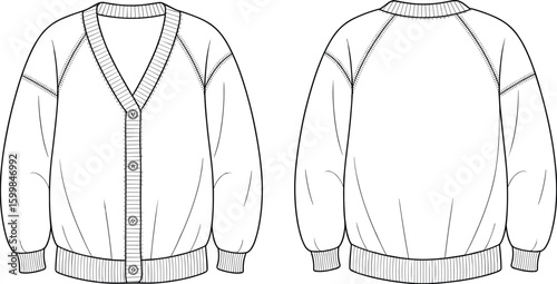 Button-down V-neck cardigan flat sketch with ribbed cuffs and waistband, front and back view, knitwear cad drawing vector illustration
