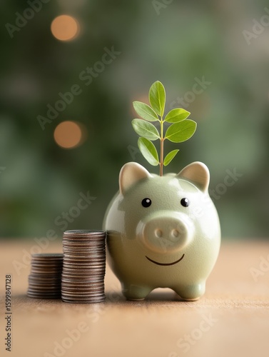 Growing savings with a piggy bank home financial concept indoor close-up view personal finance
