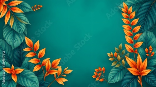 Lush Tropical Leaves & Orange Flowers, Autumn Foliage on Teal Background