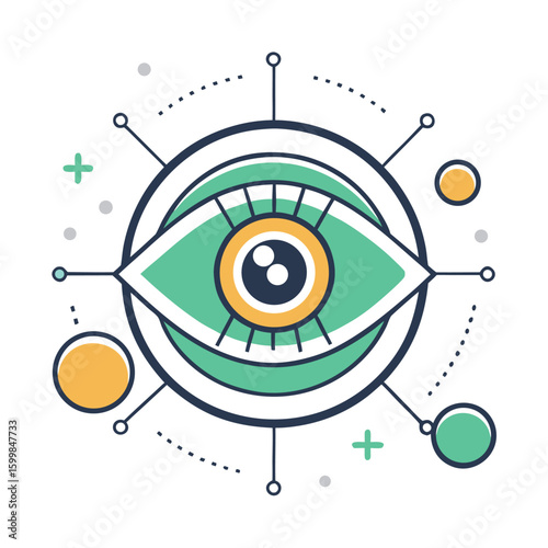Artistic illustration of an eye symbol surrounded by design elements on a white background.