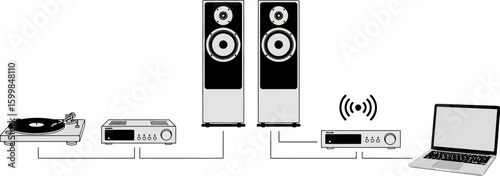 Understanding audio setup connecting turntable speakers laptop amplifier for home entertainment system vector