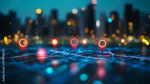A digital map with glowing location pins highlighting specific points against a blurred cityscape background at night.