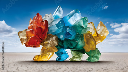 figure made of colorful glass shards standing in a cosmic desert