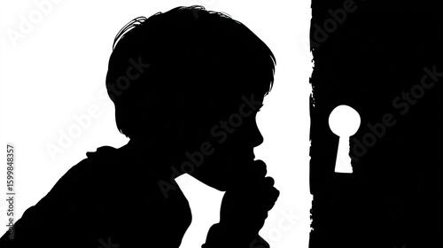 Silhouette of child peeking through keyhole, contrasting light & dark space
