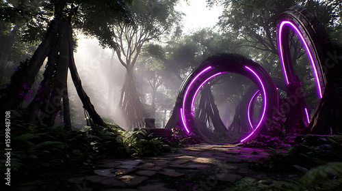 structure evolving in a digital rainforest filled with glowing vines