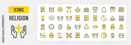 religious icons. Yin Yang, Triangle, Easter Egg, Communion, Torah, Wine, Angel, Coffin, Diwali Lamp, Fish, Hamsa, Hands, Islam, Jainism, Bell, Koran, Menorah vector stroke illustration.	
