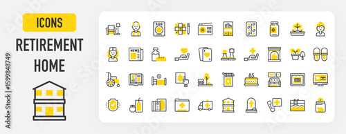 Retirement home icons. Pills, Armchair, News, Pool, Wheelchair, Food, Plant, Old Woman, Saving, Grave, Phone, Bed, Shield, Park, Book, Ambulance, Fireplace vector stroke illustration.	
