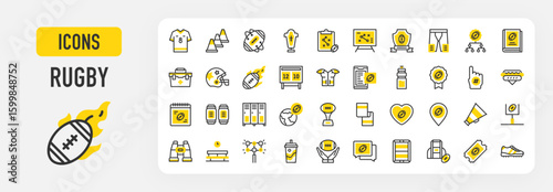 Rugby icons. Locker Room, Strategic Plan, Lighting, Football Jersey, Ticket, Sleeping Mat, Bench, First Aid Kit, Goal Post, Heart, Helmet, Hotdog, League vector stroke illustration.