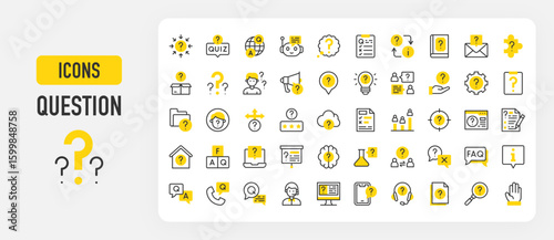 Question icons. QA, Quiz, Light Bulb, Question Sign, Chatbot, Confused, Magnifying Glass, Mystery, Wrong, Communications, Faq, Hand, Consulting vector stroke illustration.	
