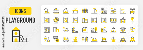 Playground icons. Spring Swing Car, Street Food, Ping Pong, Carousel, Toy Train, Direction Sign, Abc Block, Climbing Wall, Fences, Ball, Popsicle, Rings vector stroke illustration.	
