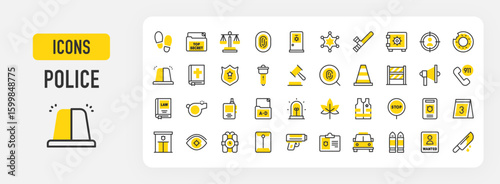 Police icons. Footprints, Safe Box, Justice, Eye, Target, Stop, 911 Call, Wanted, Bible, Top Secret, Megaphone, Police Station, Bomb, Envelope, Gun, Bullets vector stroke illustration.	
