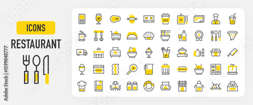 Restaurant icons. Cutlery, Recommended, Food Container, Dustbin, Chef, Credit Card, Menu, Cake, Chef Hat, Terrace, Salt And Pepper, Donut, Apron, Sushi vector stroke illustration.	
