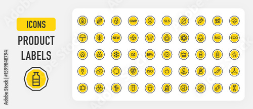 Product label icons. Gmp, Frozen, Natural Dyes, Sulfate, Addictive, Best Quality, Natural, Sls, Eco Friendly, New, Keep Dry, Bio, Contain Egg, Bpa, Plastic vector stroke illustration.	
