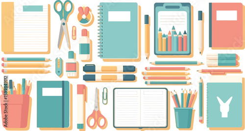 Flat lay of colorful school and office supplies including notebooks pens pencils scissors and markers