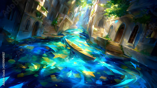 through a fantasy river flowing between floating cliffs and geometric arches