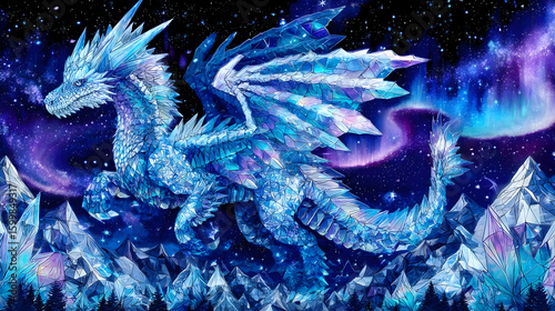 flying over icy mountains with aurora sky background