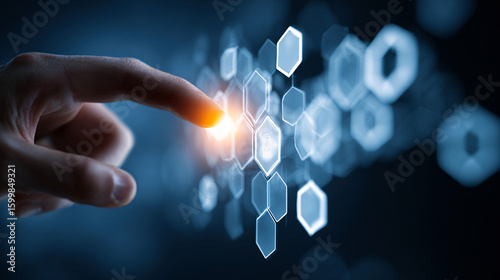 Close-up finger interacts with 3D product mockups and glowing hexagonal icons in futuristic UI