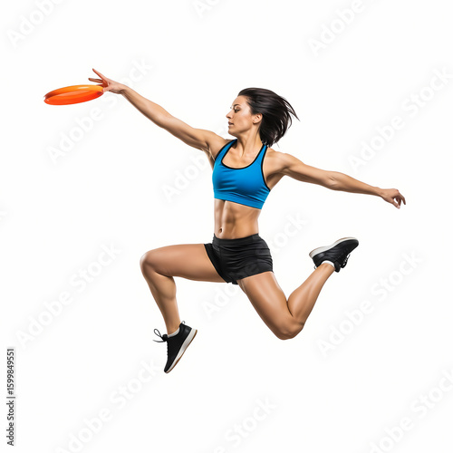 Athletic woman mid-air, throwing a frisbee, dynamic pose, fitness, sports.