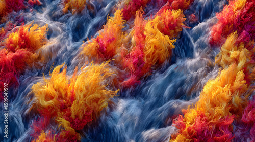 flowing through an upside-down forest with glowing leaves