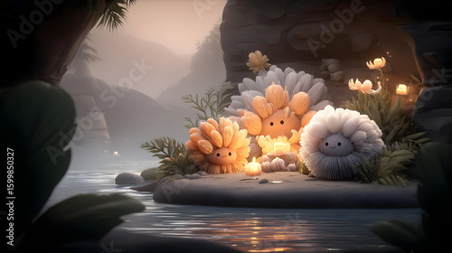 filled with abstract AI creatures made of shapes and colors