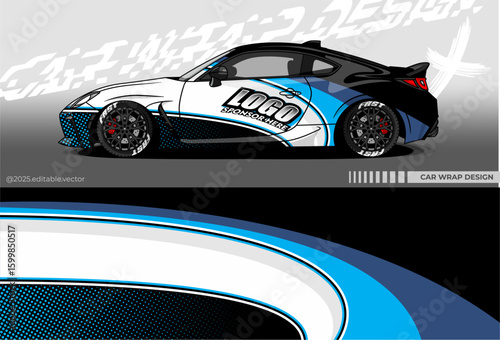 Car Wrap Design. Vector car livery sticker in black ,blue and white. Full-body car sticker suitable for racing, rallying, and everyday use.