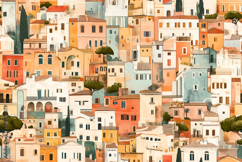 beautiful travel background with a seamless pattern of an old european village