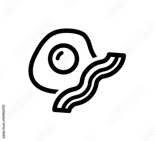 Simple black and white illustration of a fried egg and bacon strip.