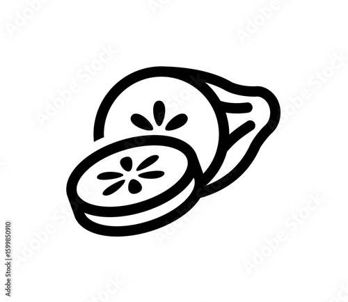 Simple black line drawing of a cucumber, sliced in half, displaying its internal structure.