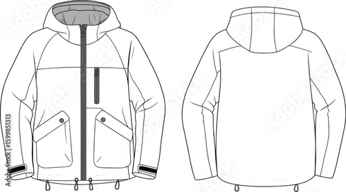 Front and back cad drawing flat vector of hooded outdoor jacket with zipper closure, angled flap pockets, and adjustable features