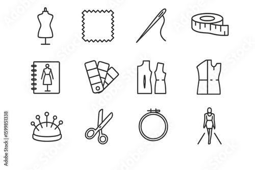 Sewing tools and patterns icons for tailoring and fashion design