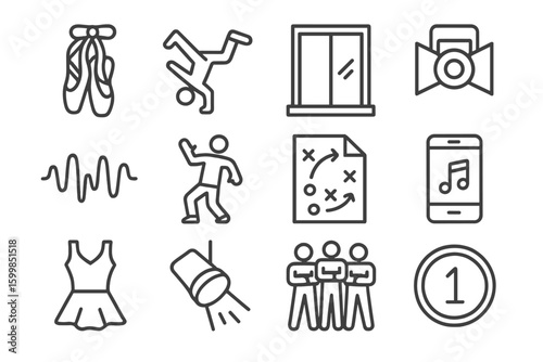 Dance and music icons set featuring shoes and choreography symbols