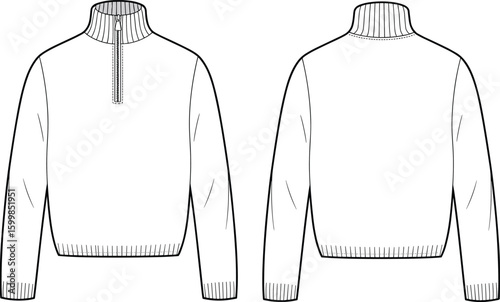Half zip high neck sweater flat sketch, front and back view, ribbed cuffs hem collar, cad drawing fashion vector illustration