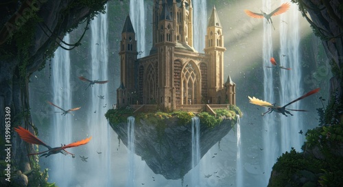 Fantasy Floating Castle with Waterfalls, Dragons, and Mystical Atmosphere.