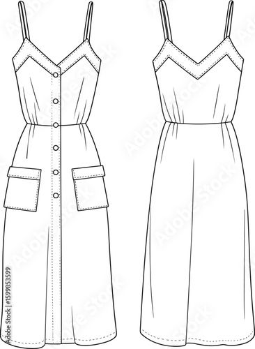 Front and back view of sleeveless midi dress with straps, buttons, and pockets, cad drawing flat vector illustration, fashion template