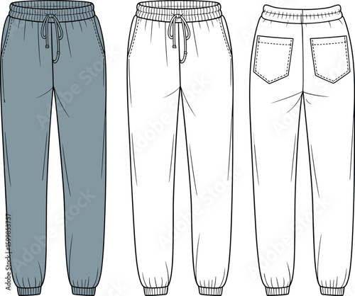 Front, side, and back view of jogger pants with drawstring waist, pocket detail, cad drawing flat vector illustration template